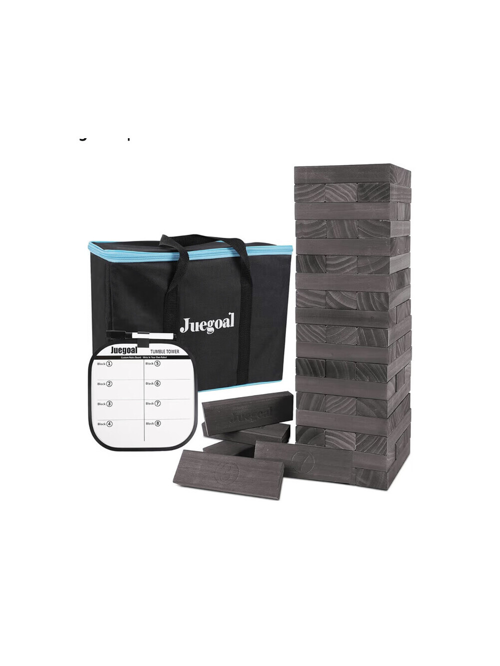 Juegoal 54 Pieces Giant Tumble Tower Blocks Game Gray Wood Carrying Case
